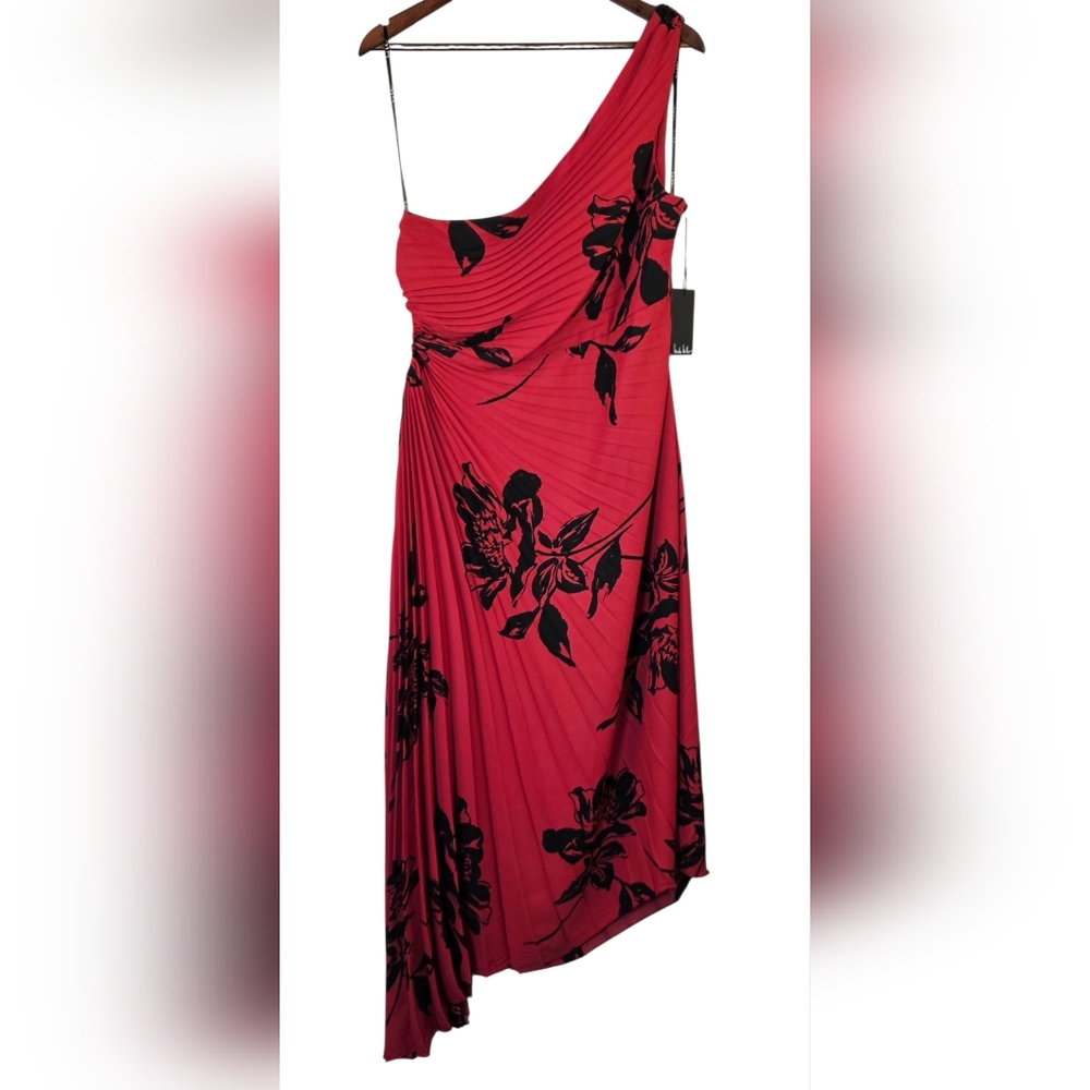 Nicole Miller Red Riding Hood One Shoulder Pleated Dress – Size 16 - Picture 4 of 17